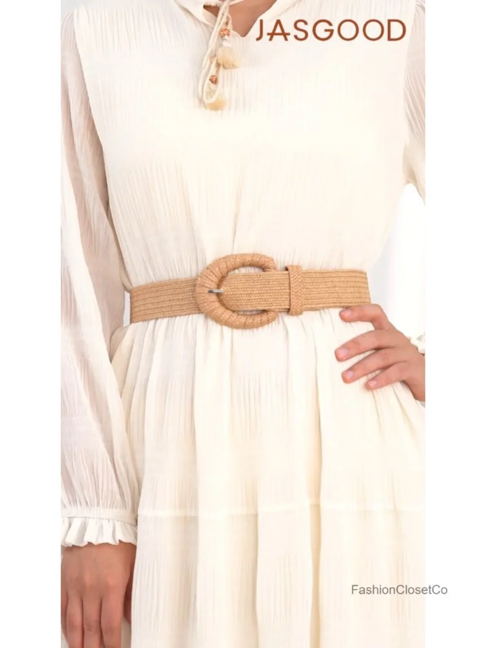 Women's Straw Woven Stretchy Boho Belt with Raffia Rattan Oval Buckle